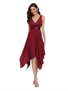 Ever Pretty Sleeveless Lace Bodice Asymmetrical Burgundy Dress 12